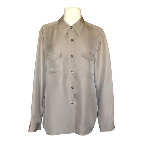 August Silk Button Down Khaki Blouse Long Sleeve Flap Pockets Women's Size Large - Picture 1 of 9